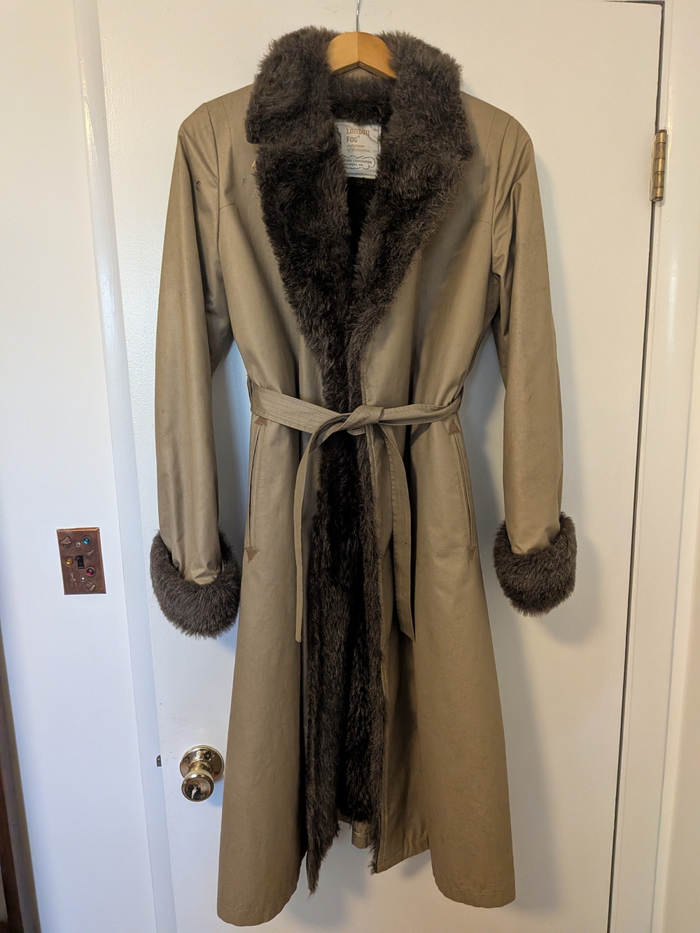 Vintage 80s London Fog Khaki Belted Trench Coat Faux Fur Sz 8